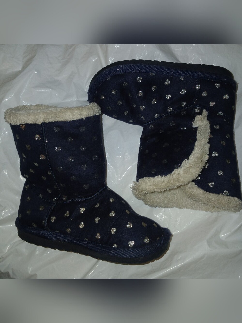 Pre-loved Navy Blue Heart Print Faux Fur Lined Toddler''s Boots.